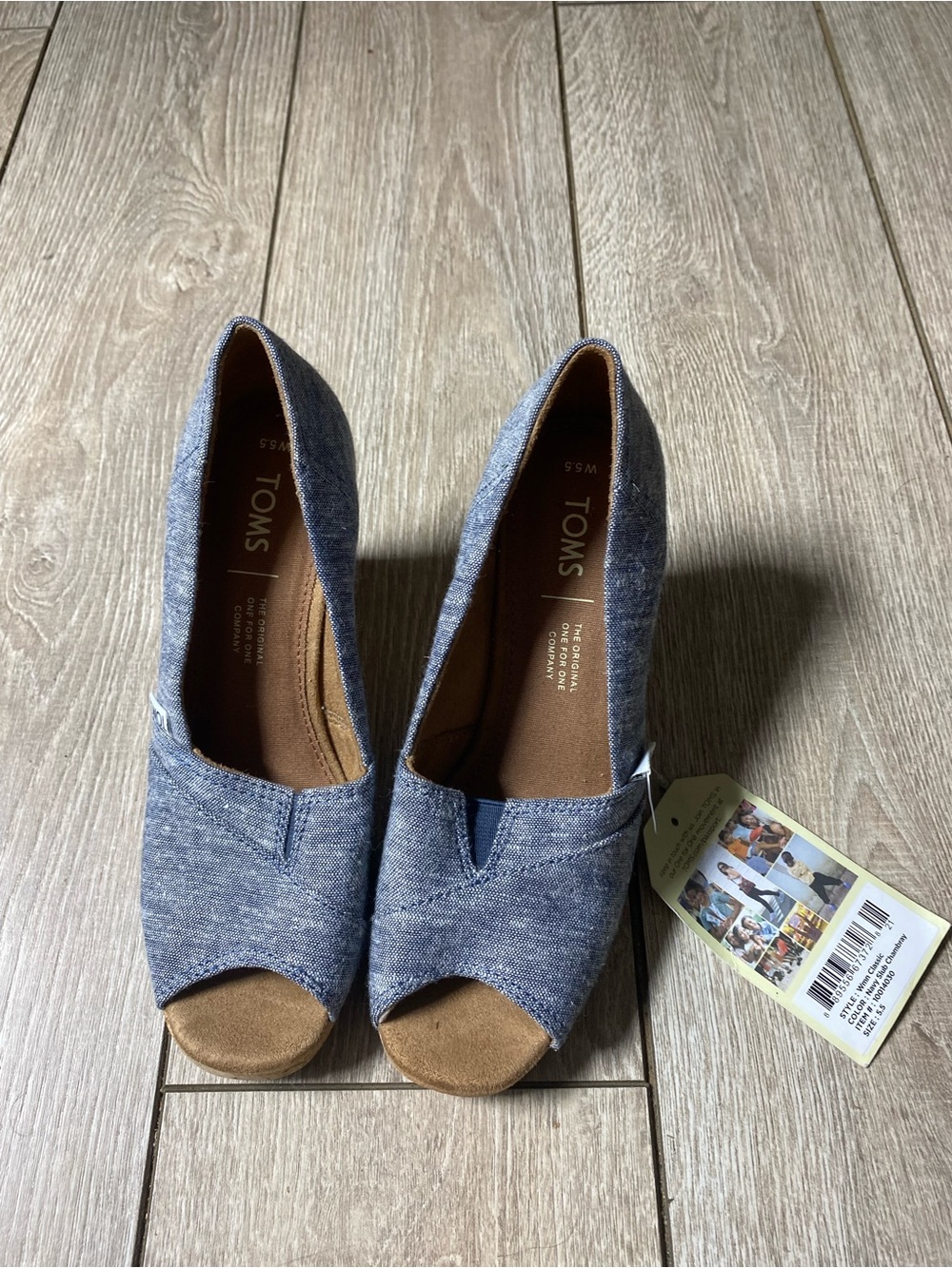 TOMS Classic Cork Wedge Shoes Size 5.5 Women Navy Chambray Elastic Gore Peep Toe
